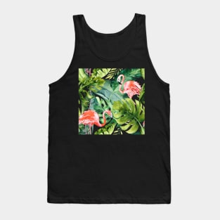 Pink Flamingos / Coral Orange and Dark Green Tropical Foliage Tank Top